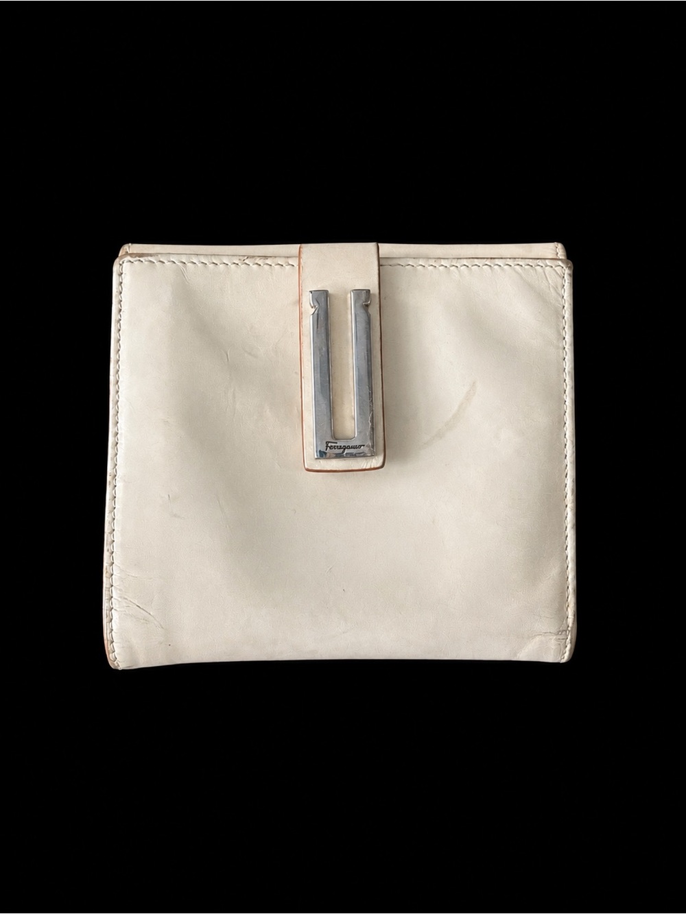 Salvatore Ferragamo Cream Leather Compact Wallet with Silver-Tone Clip